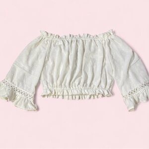 Off-Shoulder White Cropped Peasant Blouse with Eyelet Trim
